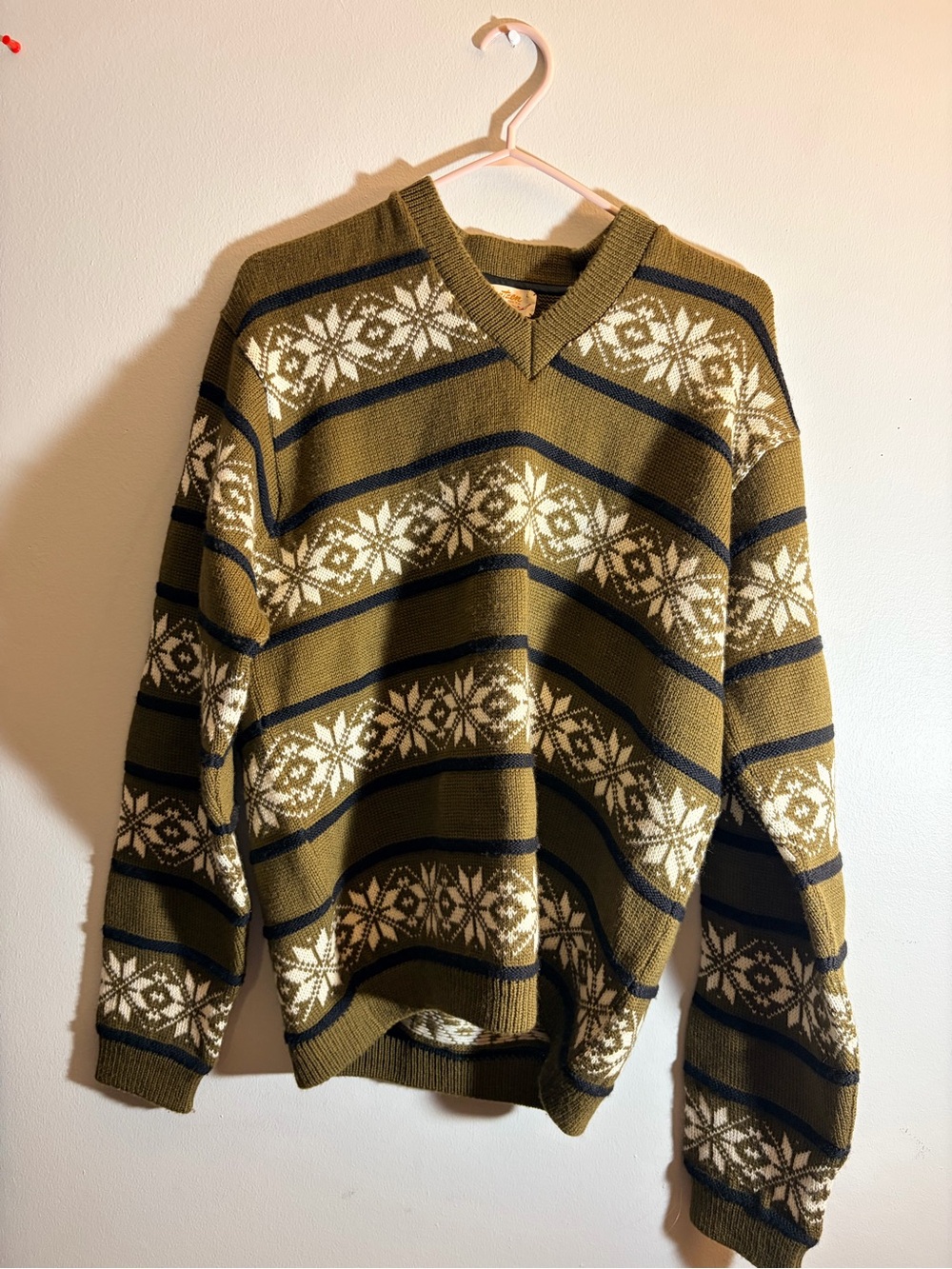 Jantzen Olive and Navy Fair Isle V-Neck Sweater